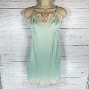 VTG Sears 32 short turquoise blue lace slip night gown retro cottage coquette